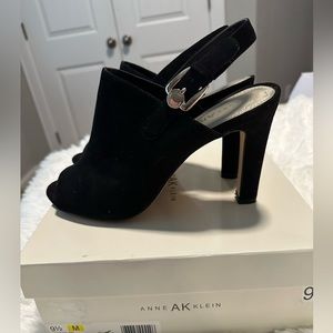 Anne Klein suede peep toe black sling back mules with silver detail